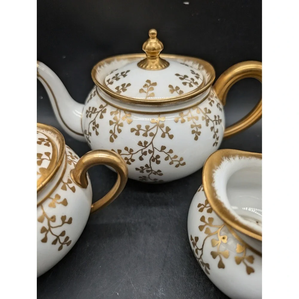 Antique Limoges Lycett France Gold Leaf Porcelain Teapot Sugar Creamer Set 3pc